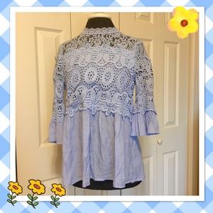 Cornflower Blue Lace High Neck Top, 3/4 Sleeves